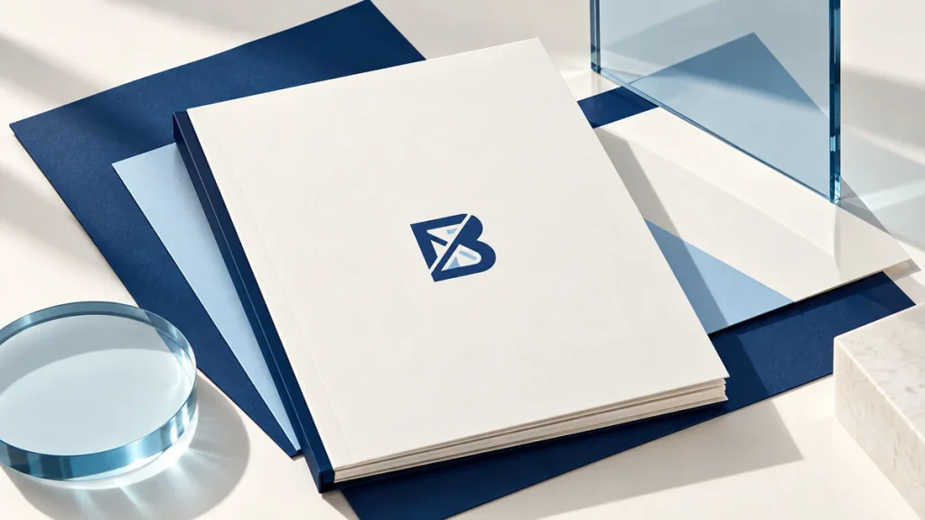 Blueprint Brand Group logo on a strategy folder with navy layers and pale blue glass.